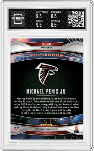 Michael Penix Jr. from the 2024 Panini Prizm set featuring a Green Wave parallel graded by Arena Club and given an overall grade of 9.