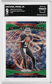Michael Penix Jr. from the 2024 Panini Prizm set featuring a Green Wave parallel graded by Arena Club and given an overall grade of 9.