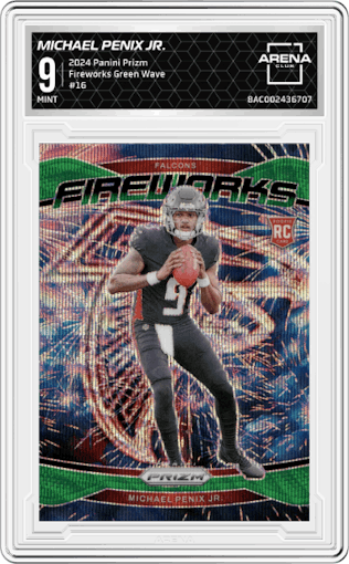 Michael Penix Jr. from the 2024 Panini Prizm set featuring a Green Wave parallel graded by Arena Club and given an overall grade of 9.