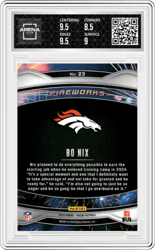 Bo Nix from the 2024 Panini Prizm set graded by Arena Club and given an overall grade of 9.