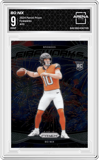 Bo Nix from the 2024 Panini Prizm set graded by Arena Club and given an overall grade of 9.