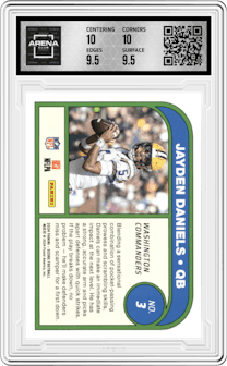 Jayden Daniels from the 2024 Panini Score set graded by Arena Club and given an overall grade of 10.
