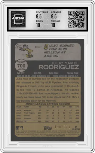Julio Rodriguez from the 2022 Topps Heritage High Number set featuring a Silver Border Refractor parallel graded by Arena Club and given an overall grade of 10.