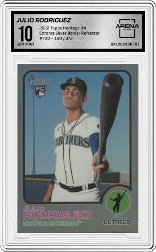 Julio Rodriguez from the 2022 Topps Heritage High Number set featuring a Silver Border Refractor parallel graded by Arena Club and given an overall grade of 10.