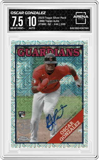 Oscar Gonzalez from the 2023 Topps Silver Pack set graded by Arena Club and given an overall grade of 7.5.