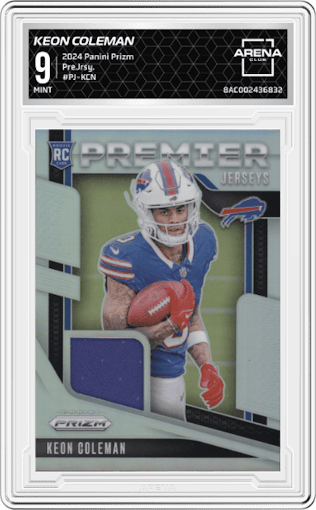 Keon Coleman from the 2024 Panini Prizm set graded by Arena Club and given an overall grade of 9.