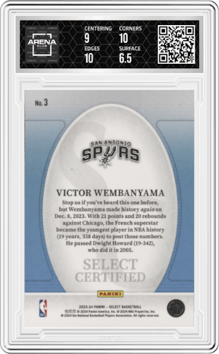 Victor Wembanyama from the 2023-24 Panini Select  set graded by Arena Club and given an overall grade of 7.
