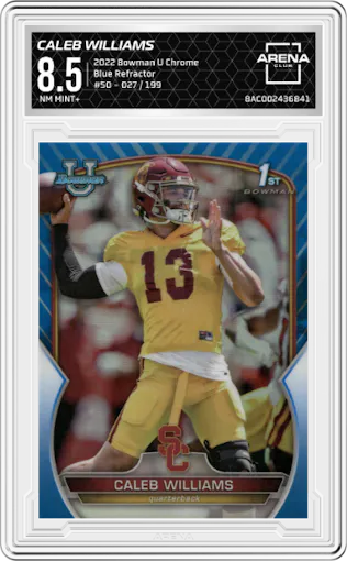 Caleb Williams from the 2022 Bowman University Chrome set featuring a Blue Refractor parallel graded by Arena Club and given an overall grade of 8.5.