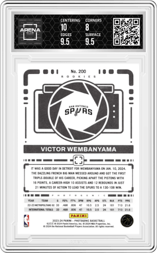Victor Wembanyama from the 2023-24 Panini Photogenic set graded by Arena Club and given an overall grade of 8.5.