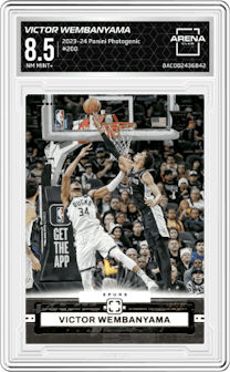 Victor Wembanyama from the 2023-24 Panini Photogenic set graded by Arena Club and given an overall grade of 8.5.