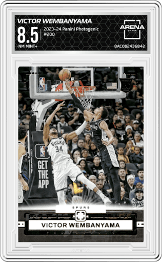 Victor Wembanyama from the 2023-24 Panini Photogenic set graded by Arena Club and given an overall grade of 8.5.