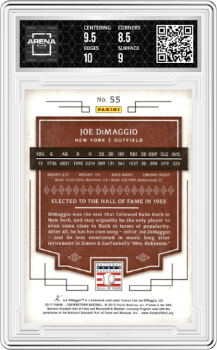 Joe DiMaggio from the 2015 Panini Cooperstown set featuring a Green parallel graded by Arena Club and given an overall grade of 9.
