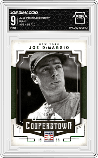 Joe DiMaggio from the 2015 Panini Cooperstown set featuring a Green parallel graded by Arena Club and given an overall grade of 9.