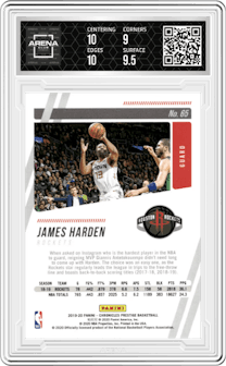James Harden from the 2019-20 Panini Chronicles  set featuring a Gold parallel graded by Arena Club and given an overall grade of 9.5.