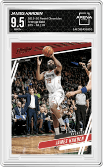 James Harden from the 2019-20 Panini Chronicles  set featuring a Gold parallel graded by Arena Club and given an overall grade of 9.5.