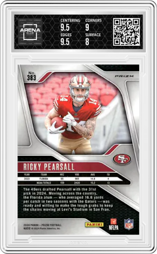 Ricky Pearsall from the 2024 Panini Prizm set featuring a Disco parallel graded by Arena Club and given an overall grade of 8.5.