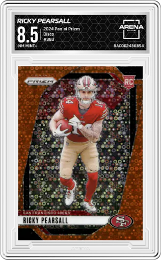 Ricky Pearsall from the 2024 Panini Prizm set featuring a Disco parallel graded by Arena Club and given an overall grade of 8.5.