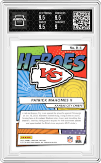 Patrick Mahomes II from the 2022 Panini Prestige set graded by Arena Club and given an overall grade of 9.5.