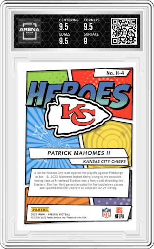 Patrick Mahomes II from the 2022 Panini Prestige set graded by Arena Club and given an overall grade of 9.5.