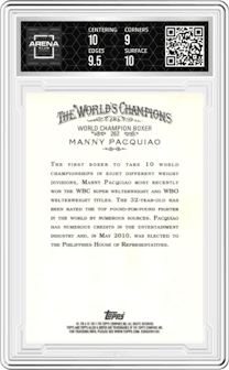 Manny Pacquiao from the 2011 Topps Allen & Ginter set graded by Arena Club and given an overall grade of 9.5.