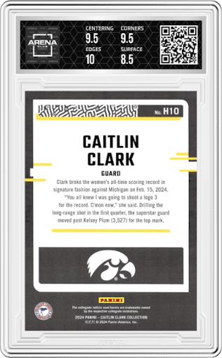 Caitlin Clark from the 2024 Panini Caitlin Clark Collection set featuring a Vortex parallel graded by Arena Club and given an overall grade of 9.