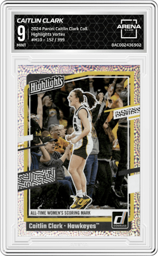 Caitlin Clark from the 2024 Panini Caitlin Clark Collection set featuring a Vortex parallel graded by Arena Club and given an overall grade of 9.