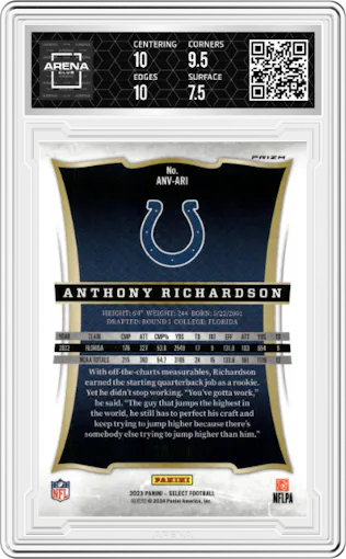 Anthony Richardson from the 2023 Panini Select set featuring a Gold Prizm parallel graded by Arena Club and given an overall grade of 8.