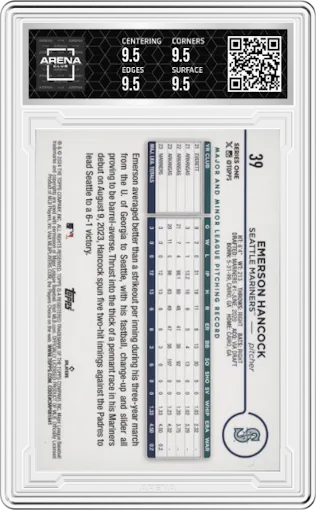 Emerson Hancock from the 2024 Topps  set featuring a Holiday Eggs parallel graded by Arena Club and given an overall grade of 9.5.