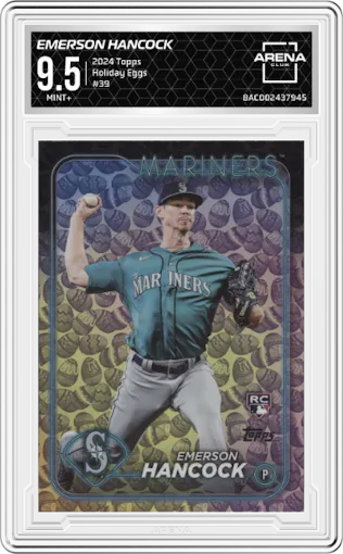 Emerson Hancock from the 2024 Topps  set featuring a Holiday Eggs parallel graded by Arena Club and given an overall grade of 9.5.