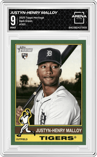 Justyn-Henry Malloy from the 2025 Topps Heritage set featuring a Dark Green parallel graded by Arena Club and given an overall grade of 9.