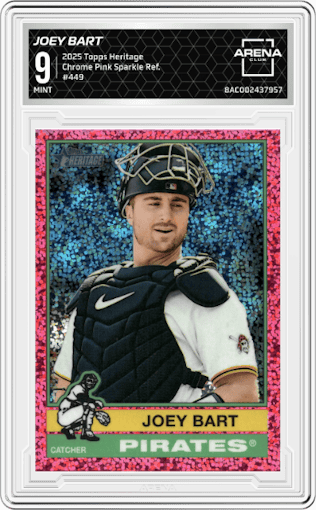 Joey Bart from the 2025 Topps Heritage set featuring a Pink Sparkle Refractor parallel graded by Arena Club and given an overall grade of 9.