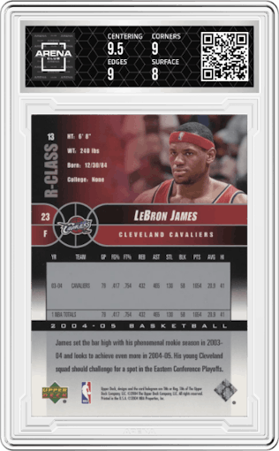 LeBron James from the 2004-05 Upper Deck R-Class set graded by Arena Club and given an overall grade of 8.5.