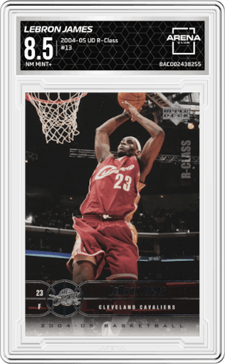 LeBron James from the 2004-05 Upper Deck R-Class set graded by Arena Club and given an overall grade of 8.5.
