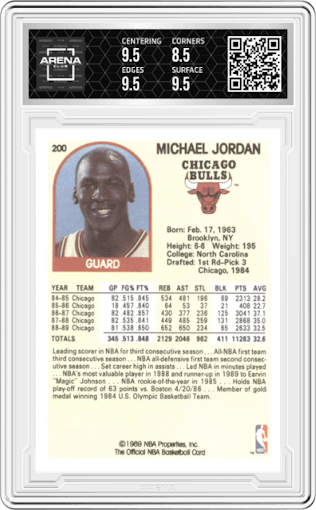 Michael Jordan  from the 1989-90 NBA Hoops  set graded by Arena Club and given an overall grade of 9.