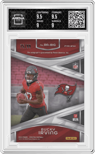 Bucky Irving from the 2024 Panini Spectra set graded by Arena Club and given an overall grade of 9.5.