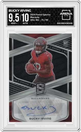 Bucky Irving from the 2024 Panini Spectra set graded by Arena Club and given an overall grade of 9.5.