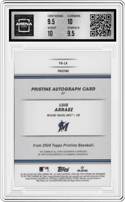 Luis Arraez from the 2024 Topps Pristine set featuring a Orange Pristine Refractor parallel and given an overall grade of 10.