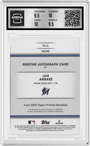 Luis Arraez from the 2024 Topps Pristine set featuring a Orange Pristine Refractor parallel graded by Arena Club and given an overall grade of 10.