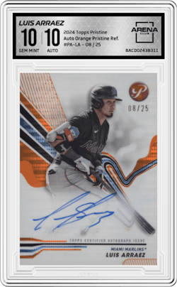 Luis Arraez from the 2024 Topps Pristine set featuring a Orange Pristine Refractor parallel and given an overall grade of 10.