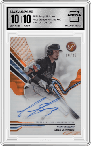 Luis Arraez from the 2024 Topps Pristine set featuring a Orange Pristine Refractor parallel graded by Arena Club and given an overall grade of 10.