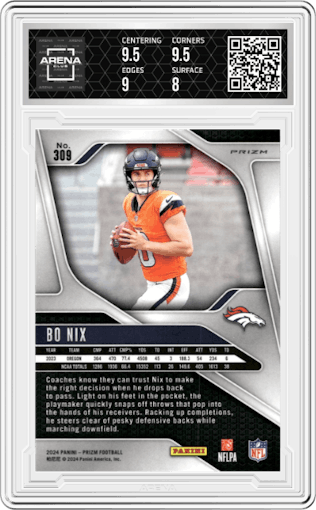 Bo Nix from the 2024 Panini Prizm set featuring a Lazer Prizm parallel graded by Arena Club and given an overall grade of 8.5.