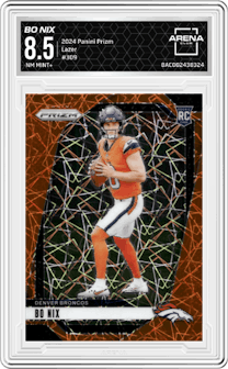 Bo Nix from the 2024 Panini Prizm set featuring a Lazer Prizm parallel graded by Arena Club and given an overall grade of 8.5.