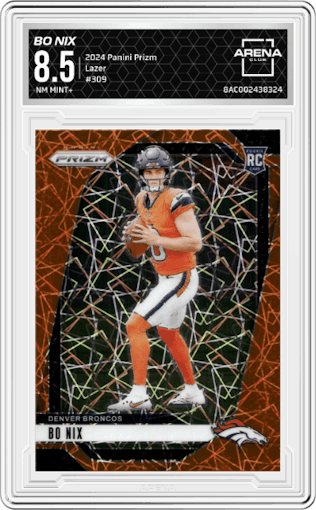 Bo Nix from the 2024 Panini Prizm set featuring a Lazer Prizm parallel graded by Arena Club and given an overall grade of 8.5.