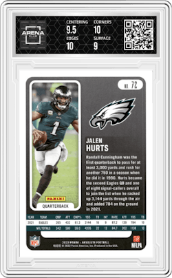 Jalen Hurts from the 2022 Panini Absolute set featuring a Purple Rain parallel and given an overall grade of 9.5.