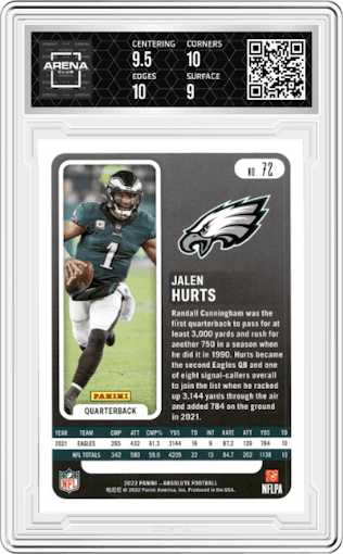 Jalen Hurts from the 2022 Panini Absolute set featuring a Purple Rain parallel graded by Arena Club and given an overall grade of 9.5.