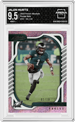 Jalen Hurts from the 2022 Panini Absolute set featuring a Purple Rain parallel and given an overall grade of 9.5.