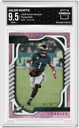 Jalen Hurts from the 2022 Panini Absolute set featuring a Purple Rain parallel graded by Arena Club and given an overall grade of 9.5.