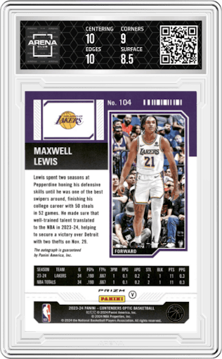 Maxwell Lewis from the 2023-24 Panini Contenders Optic set featuring a Cracked Ice parallel graded by Arena Club and given an overall grade of 9.