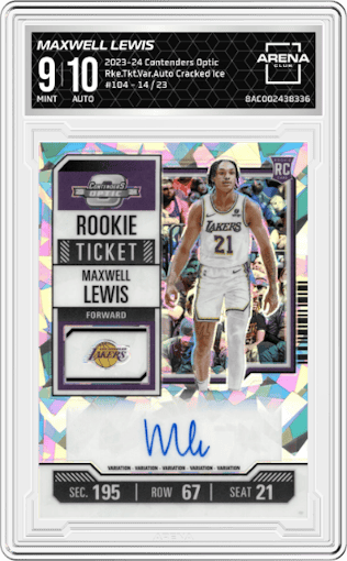 Maxwell Lewis from the 2023-24 Panini Contenders Optic set featuring a Cracked Ice parallel graded by Arena Club and given an overall grade of 9.