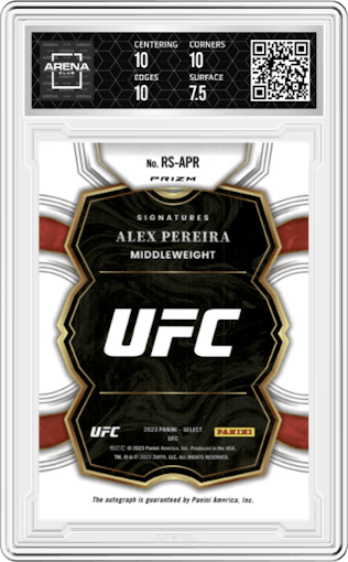 Alex Pereira from the 2023 Panini Select UFC set graded by Arena Club and given an overall grade of 8.